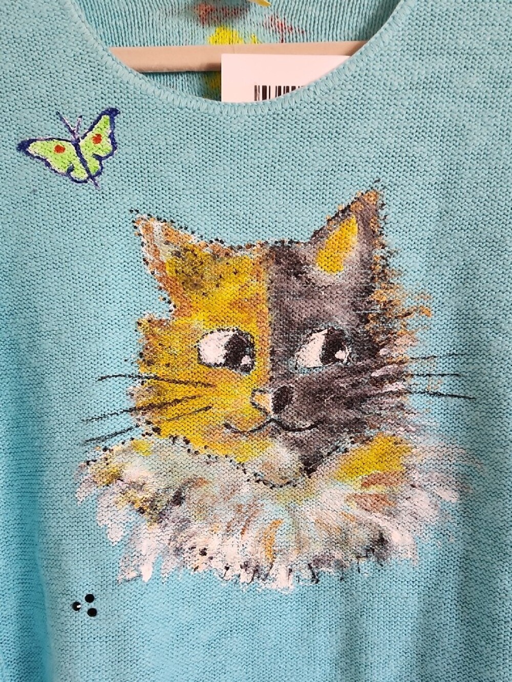 NWT ! Avalin Women’s Turquoise Knit Cat Lady Sweater 100% Cotton